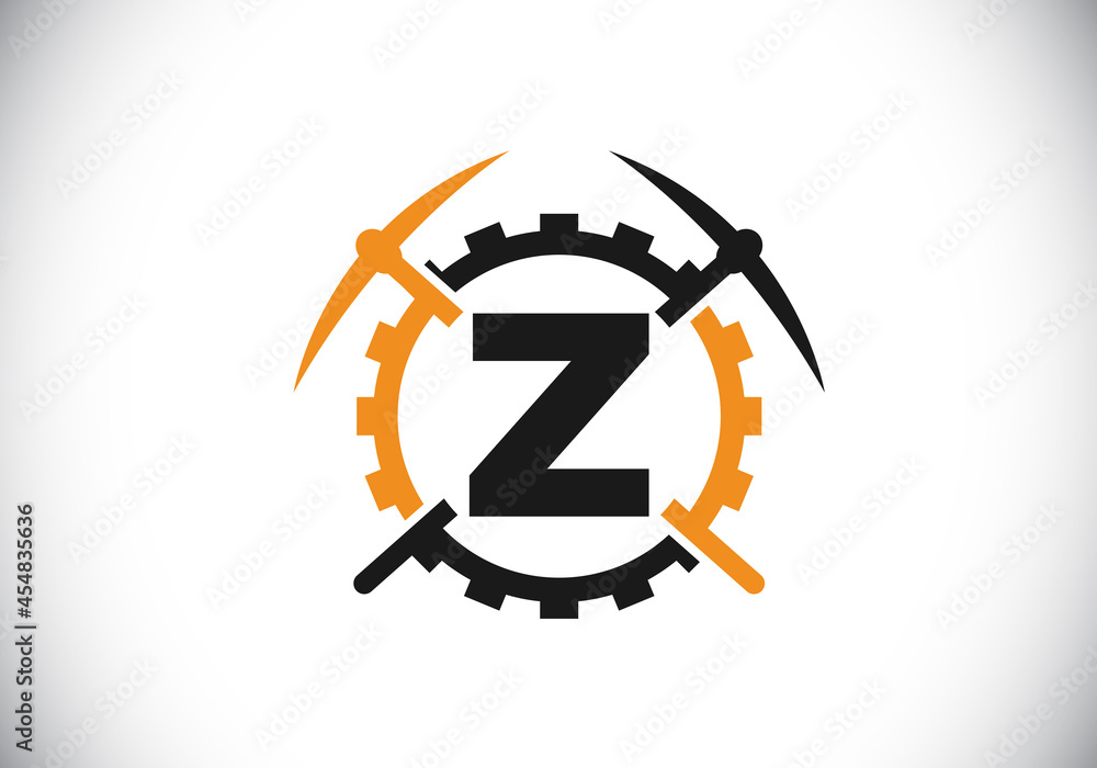Obraz premium Initial Z monogram letter alphabet with pickaxe and gear sign. Mining logo design concept. Modern vector logo for mining business and company identity.