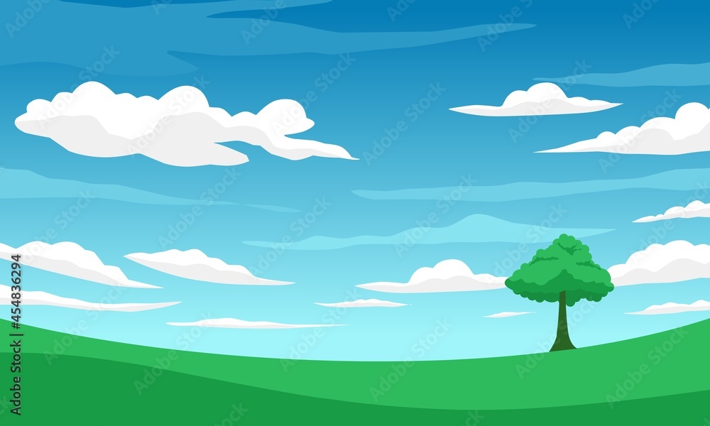 Fototapeta premium Vector illustration, landscape with blue sky and white clouds, as background or banner image, International Day of Clean Air for Blue Skies.