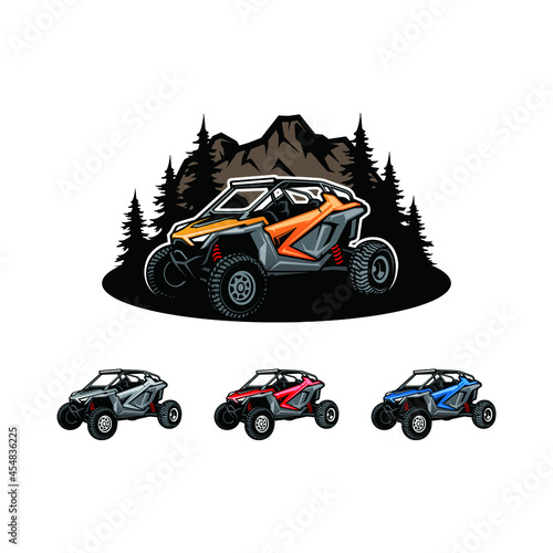 buggy atv utv adventure isolated vector with rock mountain and pines background photo