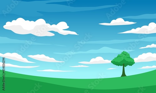 Vector illustration  landscape with blue sky and white clouds  as background or banner image  International Day of Clean Air for Blue Skies.