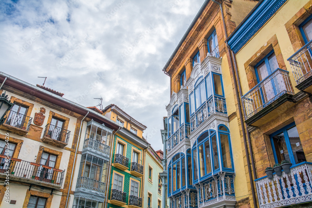 Colourful Building Facades in the Old Town of Oviedo, Spain