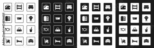 Set Hotel room bed, Bathtub, Telephone handset, Suitcase, Five stars rating review, Champagne ice bucket and Plate, fork knife icon. Vector