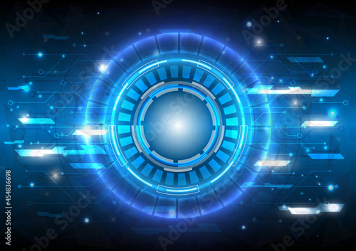 Futuristic Sci-Fi glowing HUD circle element. Abstract hi-tech background. Hologram particle of head-up display interface. Virtual reality technology of computer engineer. 3D effect neon light