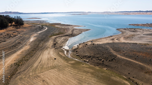 Aerial view of the severe drought conditions of Folsom Lake  a reservoir in Folsom  California  USA.