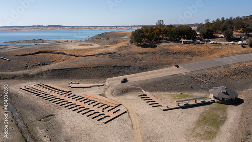 Aerial view of the severe drought conditions of Folsom Lake, a reservoir in Folsom, California, USA.