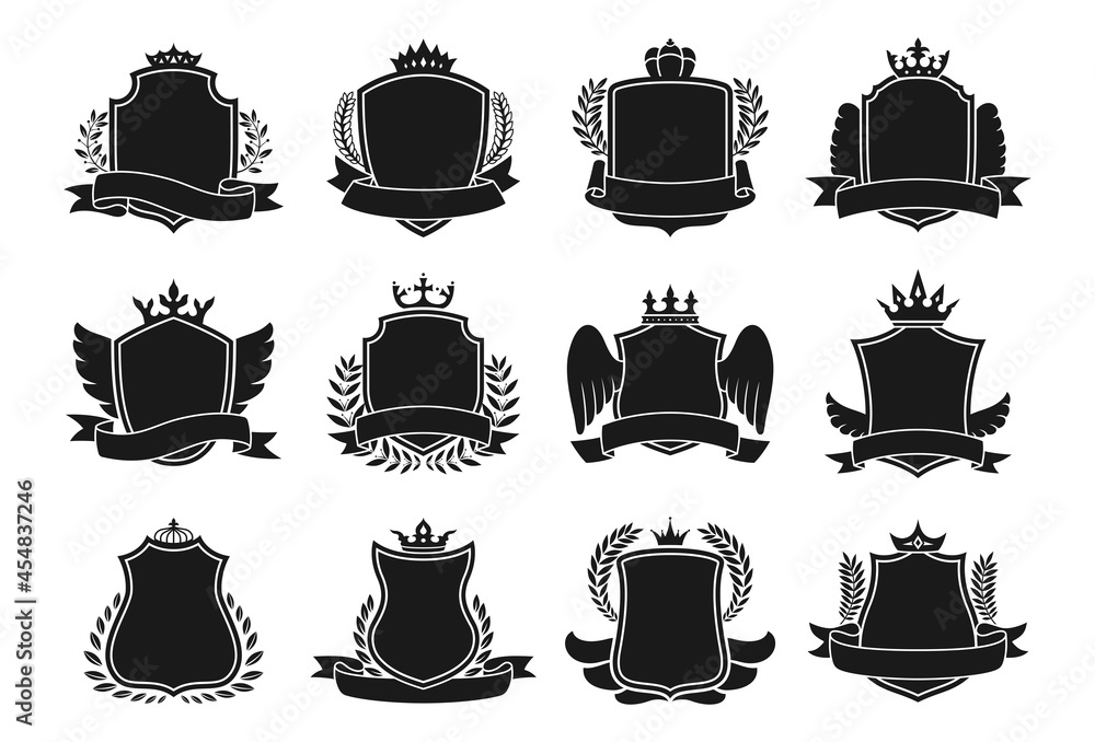 Coat of arms Heraldic emblem icon set. Blazon different crown shield, ribbon, wing and laurel wreath for coat of arms. Vintage decorative royal knight shields or emblems luxury vector Coat of arms Heraldic emblem icon set. Blazon different crown shield, ribbon, wing and laurel wreath for coat of arms. Vintage decorative royal knight shields or emblems luxury vector