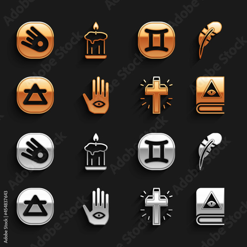 Fototapet Set Hamsa hand, Feather pen, Ancient magic book, Christian cross, Air element, Gemini zodiac, Comet falling down fast and Burning candle icon