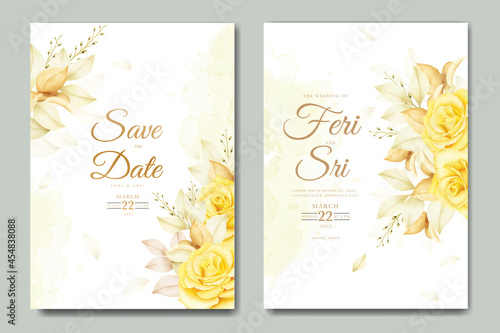 weddin invitation card with floral leaves watercolor