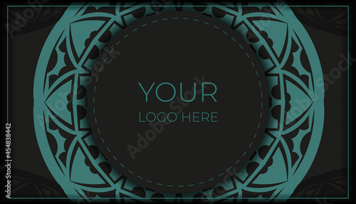 Vector Invitation card template with place for your text and abstract ornament. Luxurious design of postcard in black color with blue ornaments.