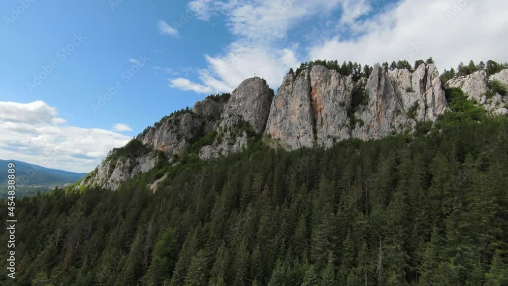 Aerial cinematic shot high speed sport fpv drone flying over natural mountain cliff surrounded Amazing nature rocky terrain with green vegetation and forest on cloudy day. Aerial cinematic shot high speed sport fpv drone flying over natural mountain cliff surrounded Amazing nature rocky terrain with green vegetation and forest on cloudy day.