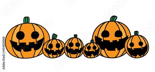 ハロウィン用の素材。かぼちゃのかわいいキャラクターイラスト。横並びにたくさん。