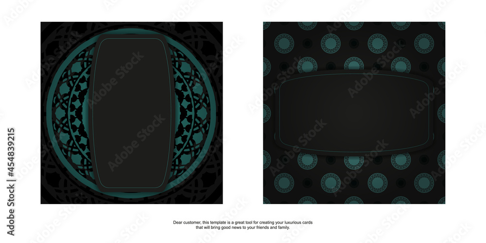Luxurious design of postcard in black color with blue greek ornaments. Invitation card design with space for your text and abstract patterns. Luxurious design of postcard in black color with blue greek ornaments. Invitation card design with space for your text and abstract patterns.
