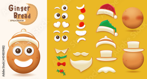 Ginger bread christmas emoji creator set. Ginger bread character face, eyes and mouth editable kit with different facial expression for xmas emoji creation design. Vector illustration.

