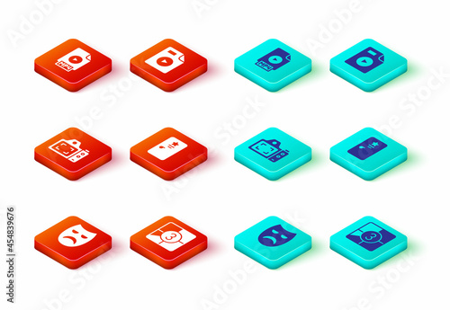 Set Drama theatrical mask, Old film movie countdown frame, Photo camera, Backstage, AVI file document and MP4 icon. Vector