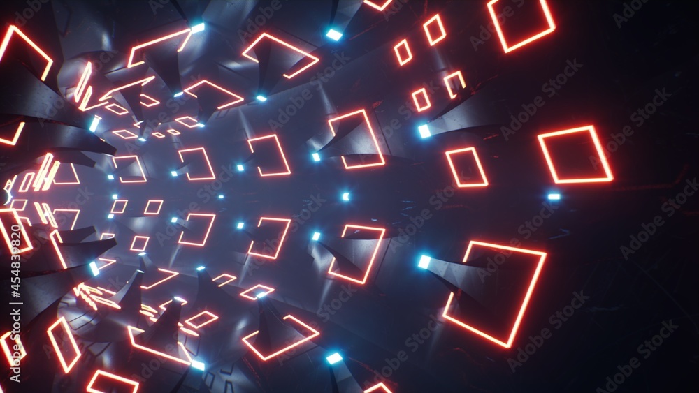 Glowing Multiple Red Frame Ring Hanging on the Organic Metal Tunnel 3D Rendering