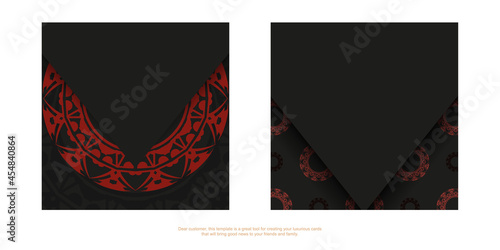 Black business card with red Greek ornament. Print-ready business card design with space for your text and abstract patterns.