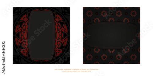 A set of black business cards with a red Greek ornament. Print-ready business card design with space for your text and abstract patterns.