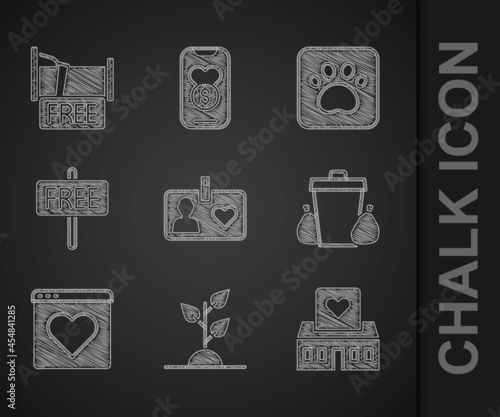 Set Volunteer id card or badge, team planting trees, center, Trash can, Dating app online, Free sign, Paw print and overnight stay house icon. Vector
