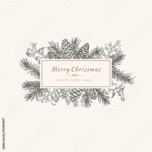 Christmas abstract card with fir branches and cones. Black and White pattern and golden greeting.