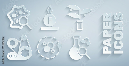 Set Atom, Plant breeding, Timing belt kit, Test tube, Force of physic formula and Microorganisms under magnifier icon. Vector