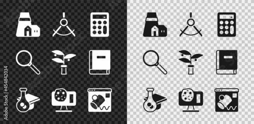 Set Power station plant, Drawing compass, Calculator, Graduation cap, Genetic engineering, Data visualisation, Magnifying glass and Plant breeding icon. Vector