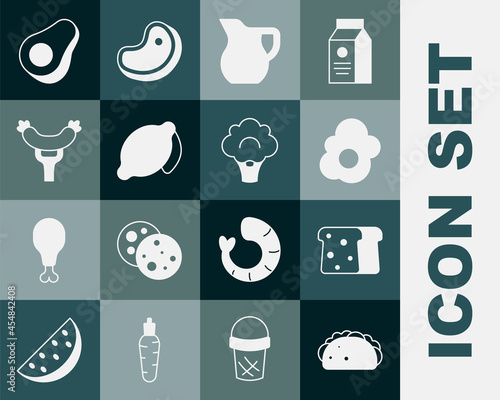 Set Taco with tortilla, Bread toast, Scrambled egg, Jug glass milk, Lemon, Sausage the fork, Avocado fruit and Broccoli icon. Vector