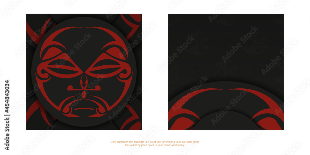 Luxurious design of postcard in black color with mask of the gods ornament. Vector invitation card with place under your text and face in polizenian style ornaments.