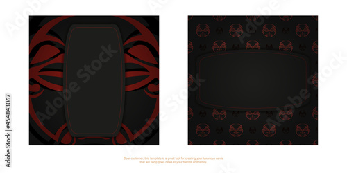 Luxurious Ready-to-print black color postcard design with mask of the gods patterns. Vector Template of invitation with place for your text and face in polizenian style ornaments.