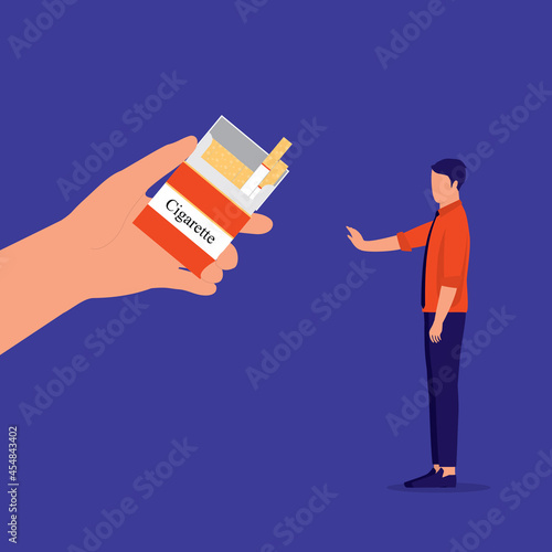 Side View Of A Young Man Saying No To Cigarette Smoking. Quit Smoking.