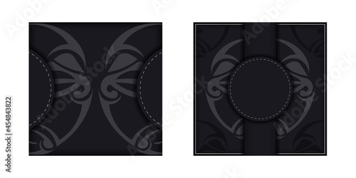 Design an invitation with a place for your text and a face in polizenian style patterns.