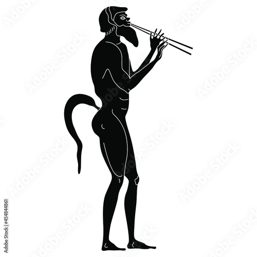 Standing ancient Greek satyr playing double flute aulos. Black and white negative silhouette. Vase painting style. 