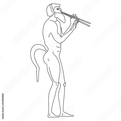 Standing ancient Greek satyr playing double flute aulos. Black and white linear silhouette. Vase painting style. 