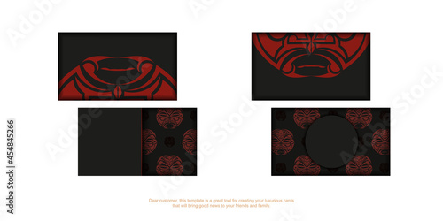 Print-ready business card design with space for your text and face in polizenian style patterns. Black business card design with mask of the gods ornaments.