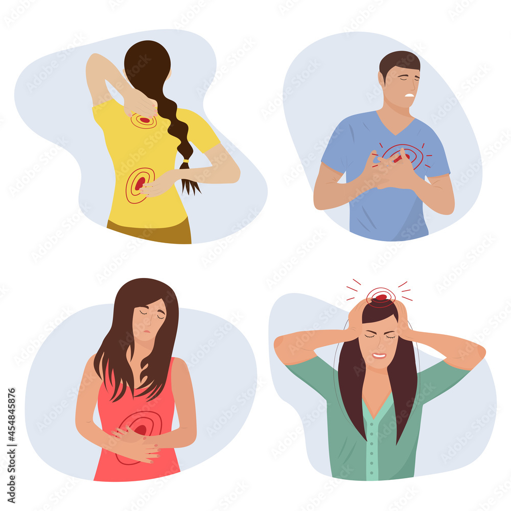 Set of people with different body pain: headache, abdominal pain, heart pain, back and neck pain. Flat cartoon colorful vector illustration. Set of people with different body pain: headache, abdominal pain, heart pain, back and neck pain. Flat cartoon colorful vector illustration.