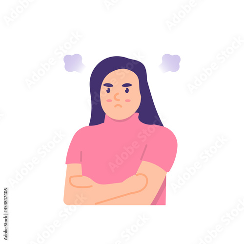 illustration of a woman who is sulking, angry, and upset. people's facial expressions. annoyed with someone or something. flat cartoon style. vector design