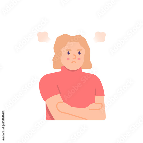 illustration of a woman who is sulking, angry, and upset. people's facial expressions. annoyed with someone or something. flat cartoon style. vector design