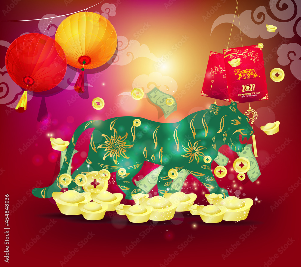 Fototapeta premium Chinese new year 2022 year of the tiger red and gold flower.