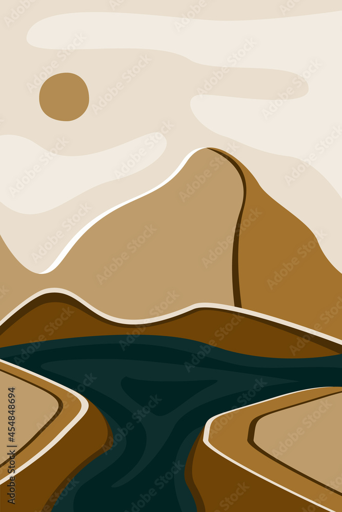 Abstract nature, sea, sky, sun, river, rock mountain landscape poster. Geometric landscape background in scandinavian boho style. Vector illustration minimalist flat style Abstract nature, sea, sky, sun, river, rock mountain landscape poster. Geometric landscape background in scandinavian boho style. Vector illustration minimalist flat style