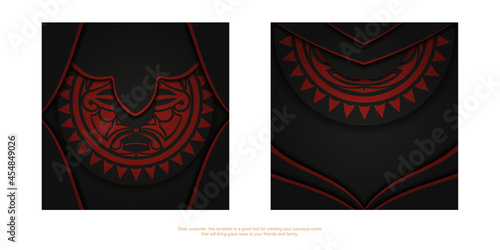 Vector Ready to print postcard design in black color with mask of the gods. Invitation template with a place for your text and a face in a polizenian style ornamentation.