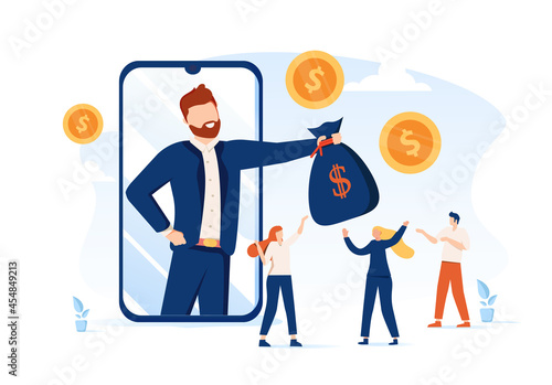 A man from a monitor holds out a bag of money to a happy woman. Concept of earnings on the Internet, online income.