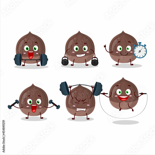 A healthy chestnut cartoon style trying some tools on Fitness center
