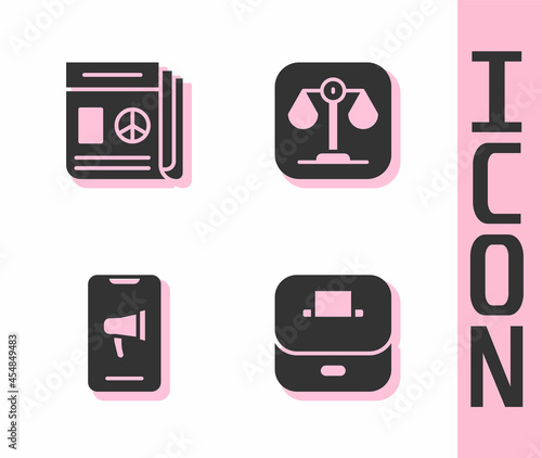Set Vote box, News, Protest and Scales of justice icon. Vector