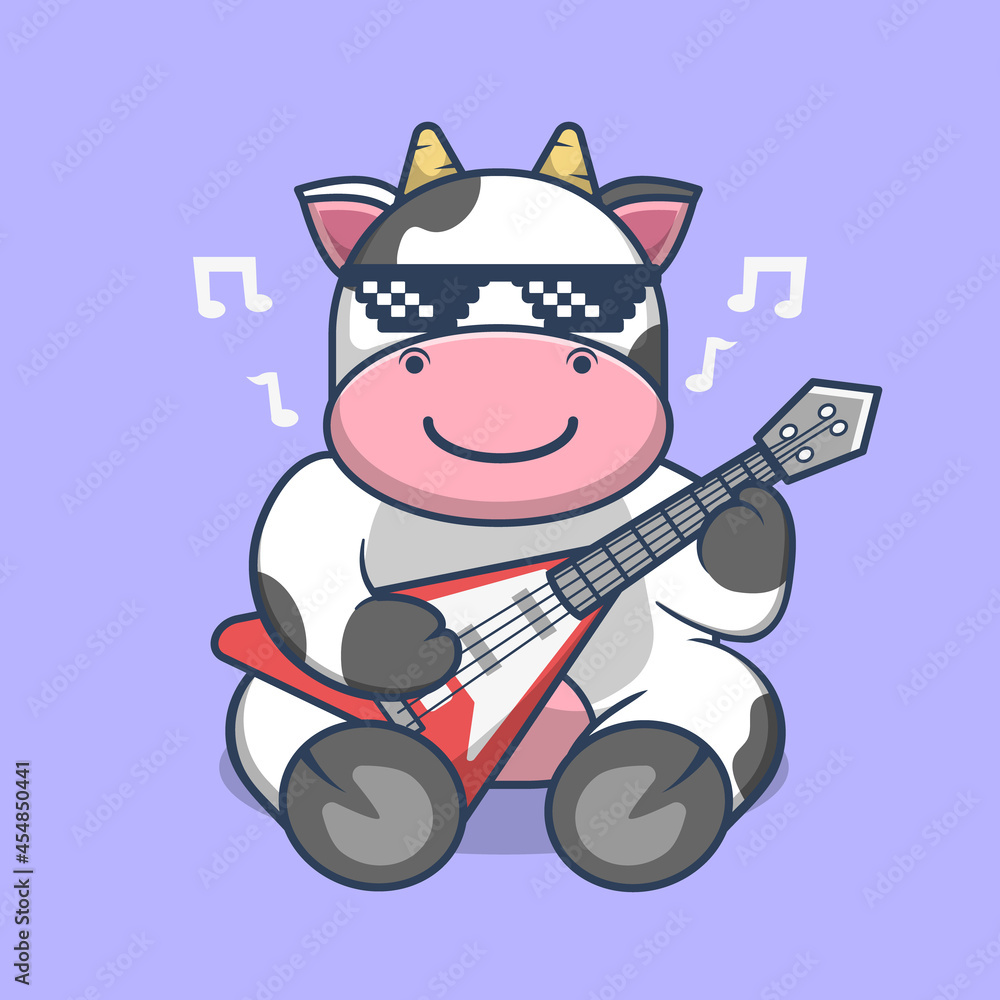 Cute Cow Playing Guitar Wearing Sunglass cartoon vector illustration. Animal Music Themed Icon Illustration.