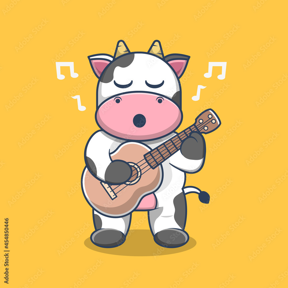 Cow vector Playing Guitar and Singing cartoon illustration. Animal Music Themed Icon Illustration. Cow vector Playing Guitar and Singing cartoon illustration. Animal Music Themed Icon Illustration.