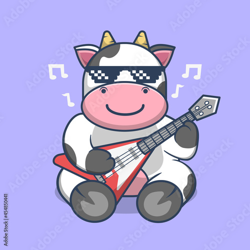 Cute Cow Playing Guitar Wearing Sunglass cartoon vector illustration. Animal Music Themed Icon Illustration.