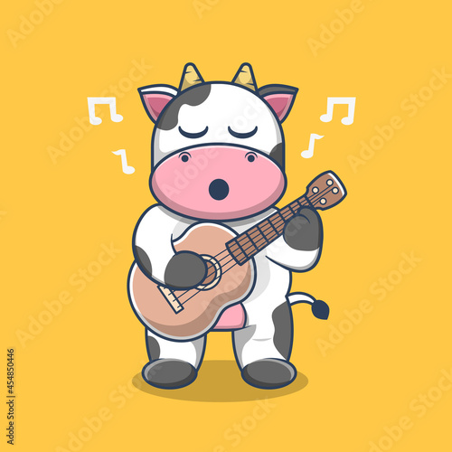 Cow vector Playing Guitar and Singing cartoon illustration. Animal Music Themed Icon Illustration.