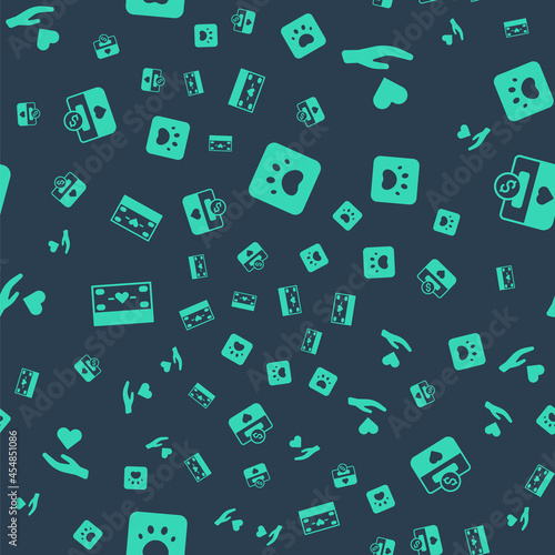 Set Paw print, Heart hand, Donation charity and on seamless pattern. Vector