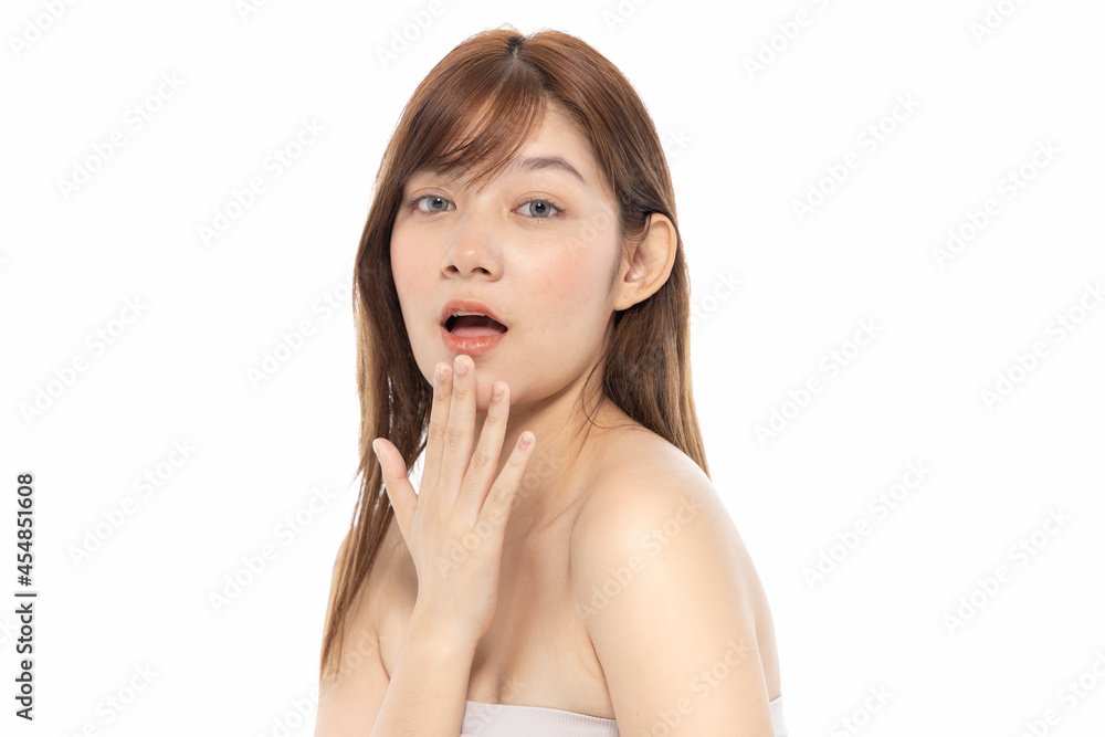 Beautiful Young Asian Woman with Clean Fresh Skin. Face care, Facial treatment isolated white background, Cosmetology, beauty and healthy skin and cosmetic ideas concept. Beautiful Young Asian Woman with Clean Fresh Skin. Face care, Facial treatment isolated white background, Cosmetology, beauty and healthy skin and cosmetic ideas concept.
