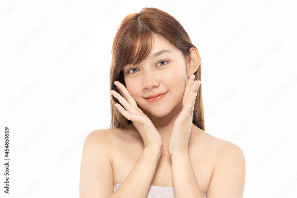 Beautiful Young Asian Woman with Clean Fresh Skin. Face care, Facial treatment isolated white background, Cosmetology, beauty and healthy skin and cosmetic ideas concept. Beautiful Young Asian Woman with Clean Fresh Skin. Face care, Facial treatment isolated white background, Cosmetology, beauty and healthy skin and cosmetic ideas concept.