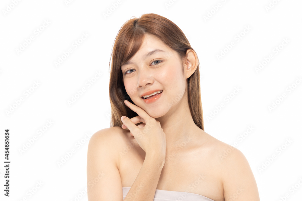 Beautiful Young Asian Woman with Clean Fresh Skin. Face care, Facial treatment isolated white background, Cosmetology, beauty and healthy skin and cosmetic ideas concept. Beautiful Young Asian Woman with Clean Fresh Skin. Face care, Facial treatment isolated white background, Cosmetology, beauty and healthy skin and cosmetic ideas concept.